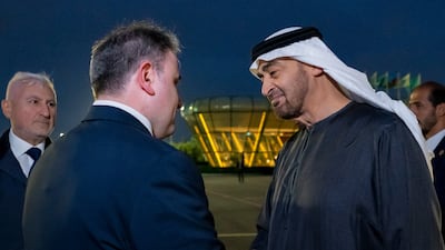 President Sheikh Mohamed is welcomed by Azerbaijan's Defence Minister at Heydar Aliyev International Airport. UAE Presidential Court