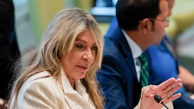 Ivonne Baki, Ecuador's former ambassador to the US and candidate to be secretary general of the UN, speaks to the General Assembly on August 20.