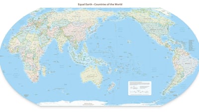 A political wall map using the Equal Earth projection centered at 150° East. Description on map: "The Equal Earth map projection shows continents and countries at their true sizes relative to each other. Continents keep their familiar shapes and the rounded sides of the map suggest the spherical form of the earth. Straight parallels make it easier to compare how far north or south places are from the equator. The bounding lines around scattered island groups are shown for clarity. They are not actual maritime boundaries. Elevations are in meters." Photo: Equal Earth