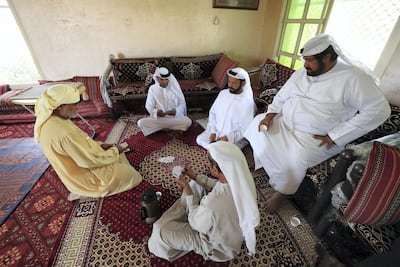 Race camel owners play cards at a Ras Al Khaimah majlis. Chris Whiteoak / The National