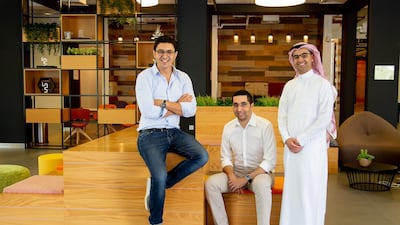 Eyewa's founders, from left, Anass Boumediene and Mehdi Oudghiri with Abdullah Al Rugaib, managing director of the online eyewear retailer in Saudi Arabia. Eyewa
