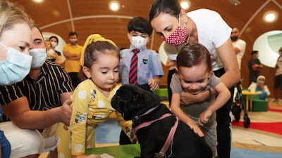 More children meeting Millie the Pug.
