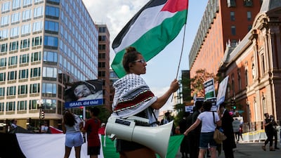 Pro-Palestine protesters gather near the White House on July 7. EPA