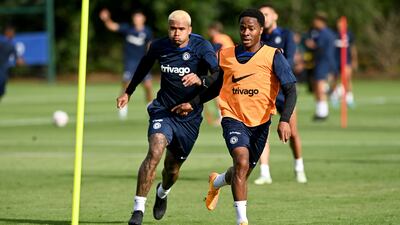 Kenedy and Raheem Sterling during a training session at Chelsea,