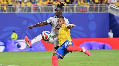 Alidu Seidu of Ghana in action tussles with Jaminton Campaz of Colombia in Kansas City, with the South Americans winning 1-0 to progress to the last 16. EPA