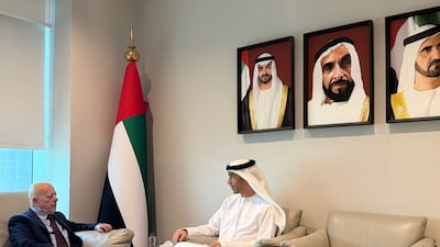 Dr Thani Al Zeyoudi, UAE Minister of Foreign Trade, with Dr Mohammed Al Shaar, Syrian Minister of Economy and Industry, in Abu Dhabi. Photo: Ministry of Foreign Trade