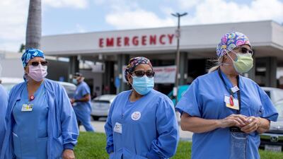 Healthcare workers at Fountain Valley Regional Hospital hold a rally outside their hospital for safer working conditions in Fountain Valley, California. Reuters