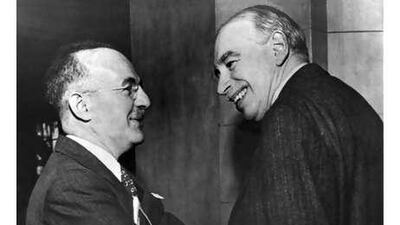 Harry Dexter White, the US Treasury secretary, left, and John Maynard Keynes at the inaugural meeting of the IMF's board of governers in March 1946.