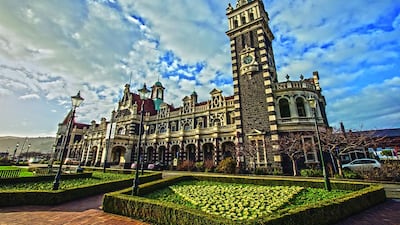 Dunedin Railway Station is one of the city’s most spectacular landmarks, made from volcanic basalt and Oamaru limestone. Getty Images