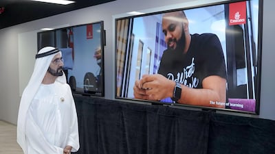 Sheikh Mohammed bin Rashid, Vice President and Ruler of Dubai, tours the Emirates lab at Dubai Future Accelerators on Saturday. Wam