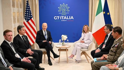 US President Joe Biden and Italy’s Prime Minister Giorgia Meloni meet on the sidelines of the G7 Summit, in Savelletri. AFP