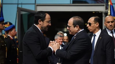 Egypt's Abdel Fattah El Sisi shakes hands with his Cypriot counterpart Nikos Christodoulides in Cairo. Photo: Egyptian Presidency
