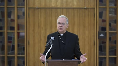 Joseph C Bambera, Bishop of the Diocese of Scranton, discusses the release of a report in Pennsylvania into child sex abuse by Catholic clergy, on August 15, 2018. Jake Danna Stevens / The Times-Tribune via AP