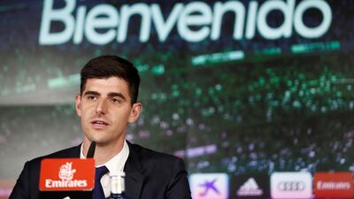 Thibaut Courtois at his Real Madrid news conference. EPA