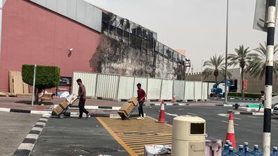Fire damage on the outside of Dragon Mart mall in Dubai. All photos: Antonie Robertson / The National