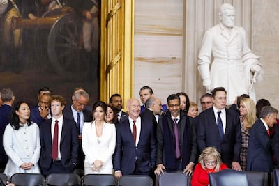 From left: Priscilla Chan, Meta's Mark Zuckerberg, Lauren Sanchez, Amazon's Jeff Bezos, Alphabet’s Sundar Pichai and Tesla's Elon Musk at the inauguration. AFP