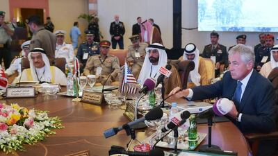 US defence secretary Chuck Hagel, right, speaks during the opening session of the Gulf Cooperation Council on Wednesday in Jeddah, Saudi Arabia. Mandel Ngan /Pool/ Getty Images