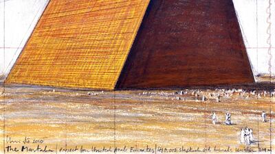 Christo’s Mastaba is being planned for Liwa Oasis in Al Gharbia. The monument will feature 410,000 steel barrels and rise 150 metres and 300 metres along its vertical walls. Courtesy Andre Grossman