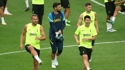Tottenham Hotspur's Harry Kane, Son Heung-min, Hugo Lloris and Ben Davies during training. Reuters