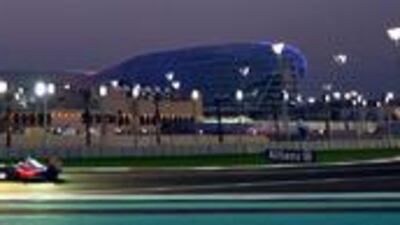 The race track under floodlights.