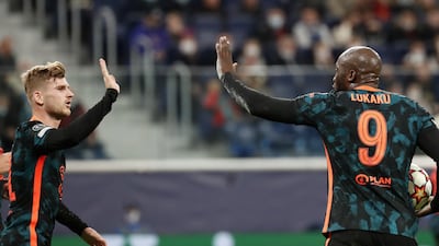Chelsea's Romelu Lukaku celebrates with teammate Timo Werner after scoring against Zenit St. Petersburg. EPA