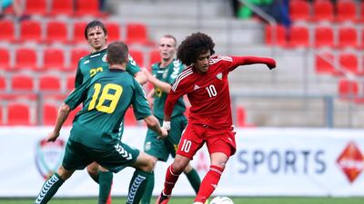 Omar Abdulrahman and his UAE teammates were left frustrated by Lithuania, but a 93rd-minute goal by Abdulaziz Sanqour lifted them to a 1-1 draw in Linz, Austria on September 3, 2014. Courtesy: UAEFA