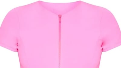 Scuba-style swimsuits: bring a pop of bubblegum colour to the pool with this cute, zip-front scuba-style swimsuit with cap sleeves from Pretty Little Thing; Dh104, prettylittlething.com. Photo: Pretty Little Thing