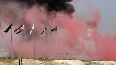 A Jordanian special operation unit demonstrates tactical displays for attacking terrorists and evacuating hostages during the opening ceremony of SOFEX 2016 on May 10, 2016 in Amman, Jordan. Salah Malkawi for The National