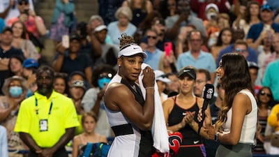 Serena Williams of the US during an emotional on-court interview. EPA