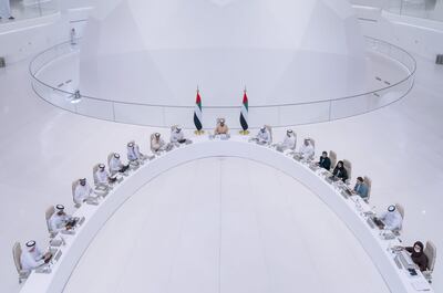 Sheikh Mohammed bin Rashid, Vice President and Ruler of Dubai, heads the last meeting of the Council of Ministers at Expo 2020 Dubai. Photo: @HHShkMohed via Twitter