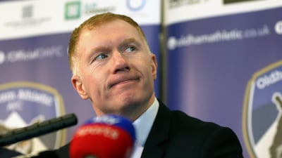 Paul Scholes was presented as Oldham Athletic manager on Monday. AP Photo