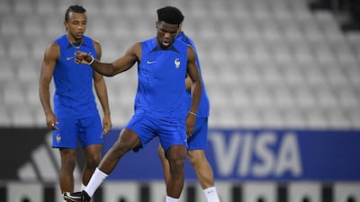 Aurelien Tchouameni takes part in a training session at Al Janoub Stadium. AFP