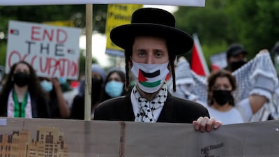 Pro-Palestinian demonstrators march in a protest titled “Stop Jerusalem Expulsions, save Sheikh Jarrah”, from the US State Department to the White House area, in Washington. Reuters