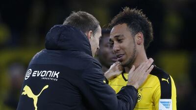 Pierre-Emerick Aubameyang, right, is one of the few start o have remained at Borussia Dortmund this summer. Norbert Schmidt / AFP