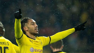 Borussia Dortmund's Pierre-Emerick Aubameyang celebrates after his goal against Ingolstadt on Saturday in Dortmund's Bundesliga victory. Bernd Thissen / EPA / January 30, 2016