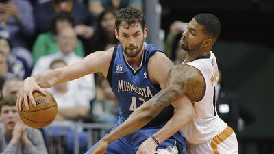 After being selected with the fifth pick in the 2008 draft, Kevin Love spent his first six seasons in the NBA with the Minnesota Timberwolves. Matt York / AP