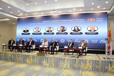 Alex Salmond, second left, at the Ohrid Cultural Diplomacy Forum in North Macedonia shortly before his death. Reuters