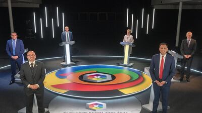 Nicola Sturgeon, Willie Rennie of Scottish Liberal Democrats, Anas Sarwar of Scottish Labour, Patrick Harvie of Scottish Green Party and Douglas Ross of Scottish Conservatives take part in a face off in the final TV debate in Edinburgh. Getty Images