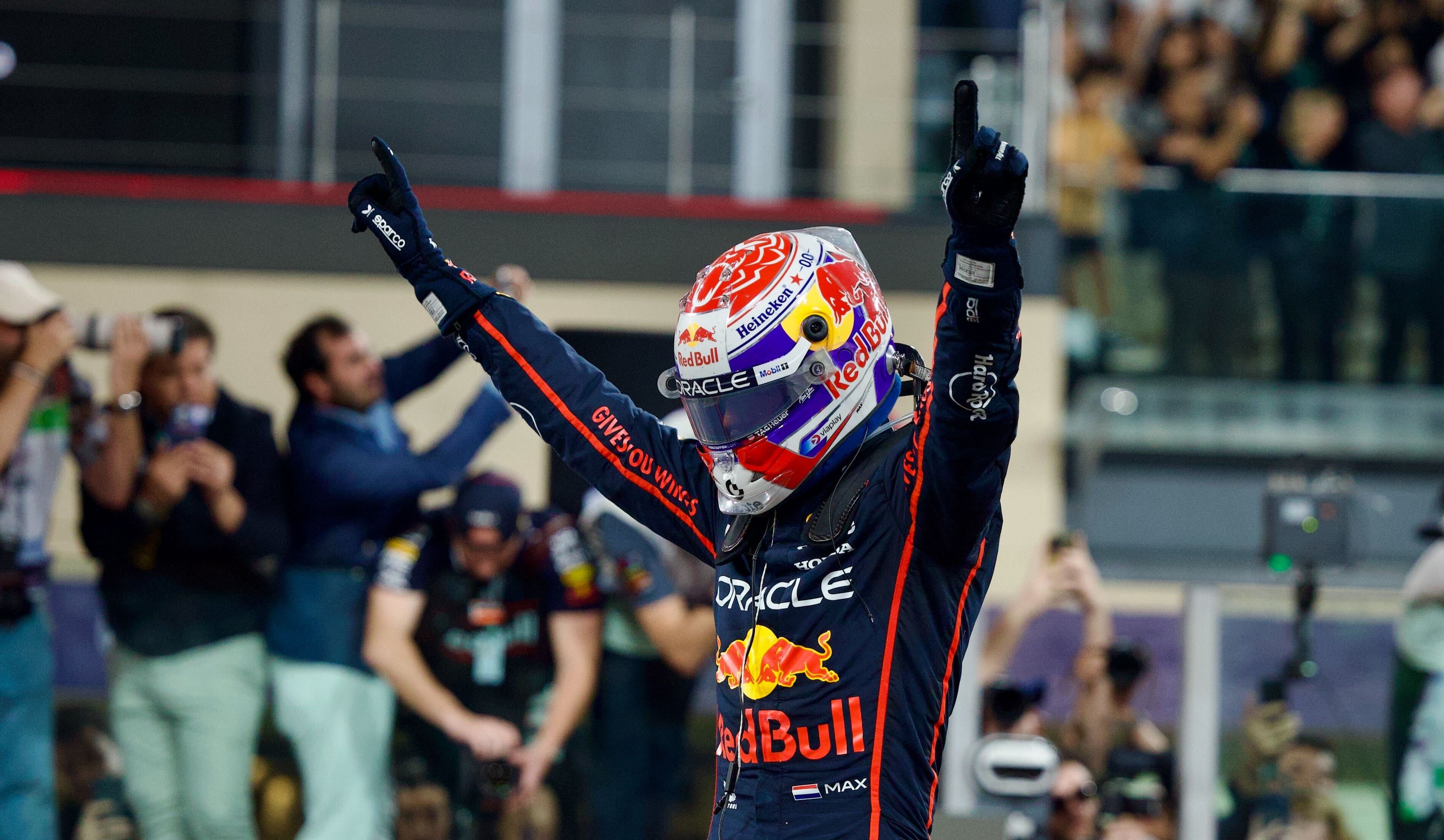 Red Bull driver Max Verstappen celebrates winning the Abu Dhabi Grand Prix