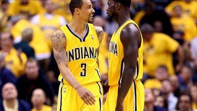 George Hill, left, and Lance Stephenson, right, shown during Indiana's Game 1 victory over the Miami Heat on Sunday night. Andy Lyons / Getty Images / AFP / May 18, 2014