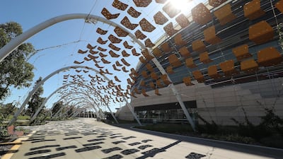 Empty public spaces surrounding Optus Stadium during the round 1 AFL match between the West Coast Eagles and the Melbourne Demons on Sunday. Getty Images