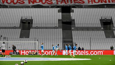 A banner set-up by Marseille supporters reading "you make us ashamed" prior to match against Lens. AFP
