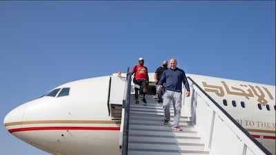 Etihad Airways flight arrives from Las Vegas with UFC President Dana White. Courtesy Etihad
