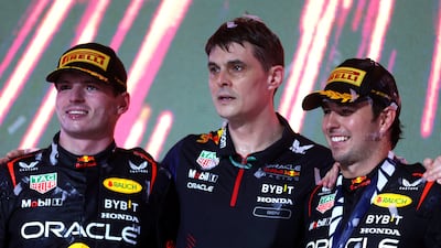 Red Bull driver Sergio Perez, right, with second-placed teammate Max Verstappen, left, after winning the Saudi Arabian GP in Jeddah earlier this month. Getty