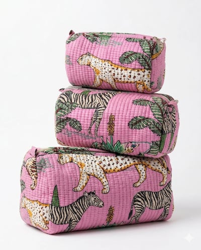 Packing cubes can make packing and unpacking easier. Seen here, set of three Pink Safari pouches