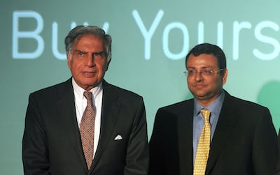 Ratan Tata, left, the figure from the Tata dynasty at the helm of the group once again, and Cyrus Mistry, who resigned from the group and is launching legal action against his former employer. Punit Paranjpe / AFP