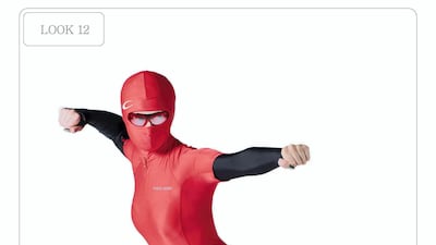 A Power Ranger look from Marine Serre, complete with face mask