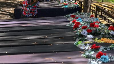 Empty coffins at a makeshift memorial made for the victims who lost their lives during the ethnic violence in Churachandpur district in the northeastern state of Manipur. AFP