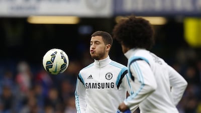 Chelsea's Eden Hazard shown warming up before their Premier League win over Stoke City on Saturday at Stamford Bridge. Ian Kington / AFP / April 4, 2015