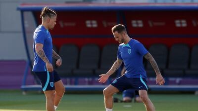 England's James Maddison and Kalvin Phillips during training. Reuters